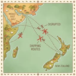 Map of New Zealand with shipping lines from the Gulf, some crossed out